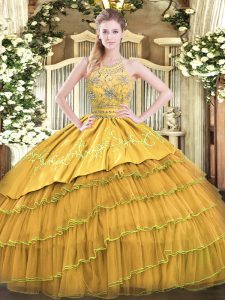 Simple Satin and Organza Halter Top Sleeveless Zipper Beading and Embroidery and Ruffled Layers Vestidos de Quinceanera in Gold