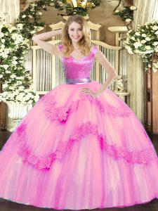 Rose Pink Sleeveless Tulle Zipper 15 Quinceanera Dress for Military Ball and Sweet 16 and Quinceanera