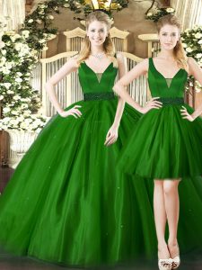 Wonderful Tulle Straps Sleeveless Lace Up Ruching Quinceanera Gowns in Dark Green