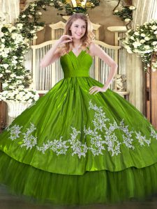V-neck Sleeveless Zipper Quince Ball Gowns Olive Green Satin and Tulle