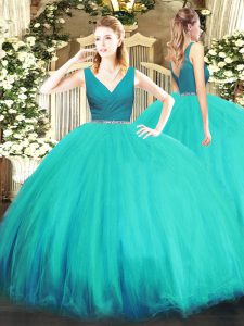 V-neck Sleeveless Zipper Ball Gown Prom Dress Aqua Blue Tulle