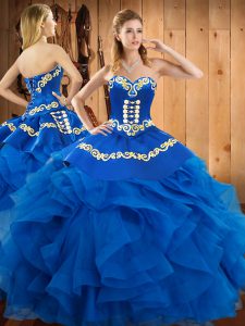 Fabulous Sweetheart Sleeveless Sweet 16 Quinceanera Dress Floor Length Embroidery and Ruffles Blue Satin and Organza