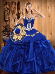 Organza Sweetheart Sleeveless Lace Up Embroidery and Ruffles 15th Birthday Dress in Royal Blue