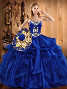 Royal Blue Ball Gowns Organza Sweetheart Sleeveless Embroidery and Ruffles Floor Length Lace Up 15th Birthday Dress