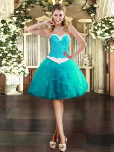 Aqua Blue Lace Up Sweetheart Appliques and Ruffles Prom Dresses Tulle Sleeveless