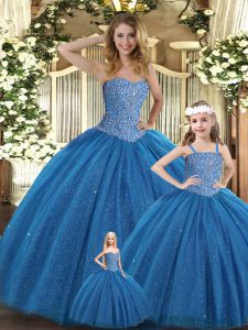Sweetheart Sleeveless Quinceanera Gowns Floor Length Beading Teal Tulle