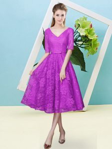 Fuchsia Lace Lace Up Quinceanera Court Dresses Half Sleeves Tea Length Bowknot