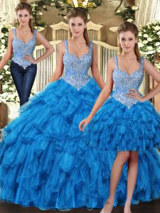 Custom Fit Teal Straps Lace Up Beading and Ruffles Vestidos de Quinceanera Sleeveless