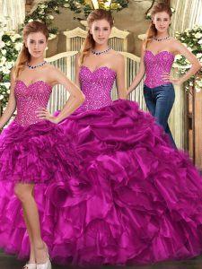 Floor Length Lace Up 15th Birthday Dress Fuchsia for Military Ball and Sweet 16 and Quinceanera with Beading and Ruffles