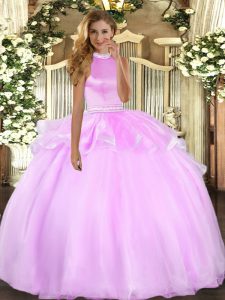 Cheap Lilac Tulle Backless Halter Top Sleeveless Floor Length Sweet 16 Quinceanera Dress Beading and Ruffles