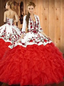 Low Price Red Ball Gowns Tulle Sweetheart Sleeveless Embroidery and Ruffles Floor Length Lace Up Quinceanera Gowns