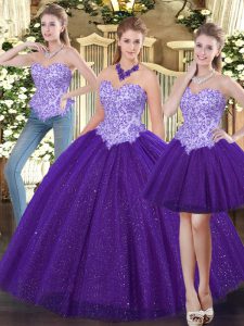 Floor Length Ball Gowns Sleeveless Purple Quinceanera Gown Lace Up