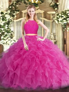 Hot Pink Scoop Zipper Ruffles Vestidos de Quinceanera Sleeveless