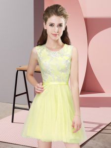 Yellow A-line Tulle Scoop Sleeveless Lace Mini Length Side Zipper Dama Dress for Quinceanera