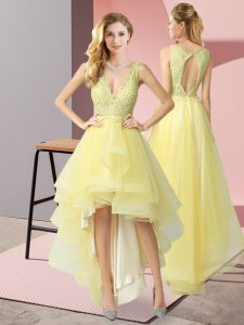 Latest Sleeveless High Low Beading and Lace Backless Damas Dress with Yellow