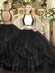 Sleeveless Floor Length Ruffles Backless Sweet 16 Dress with Black