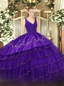 Purple Backless V-neck Beading and Lace and Embroidery and Ruffled Layers Sweet 16 Quinceanera Dress Organza and Taffeta Sleeveless
