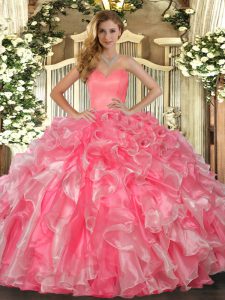 Gorgeous Watermelon Red Sweetheart Lace Up Beading and Ruffles 15th Birthday Dress Sleeveless