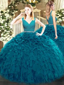 Teal Zipper V-neck Beading and Ruffles Sweet 16 Quinceanera Dress Tulle Sleeveless