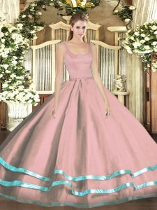 Simple Pink Sleeveless Floor Length Ruffled Layers Zipper Ball Gown Prom Dress