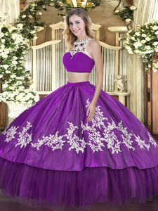Sleeveless Tulle Floor Length Backless Vestidos de Quinceanera in Purple with Beading and Appliques and Ruffles