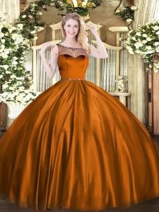Perfect Brown Ball Gowns Satin Scoop Sleeveless Beading Floor Length Zipper 15 Quinceanera Dress