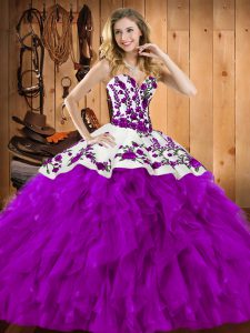 Shining Eggplant Purple Ball Gown Prom Dress Military Ball and Sweet 16 and Quinceanera with Embroidery and Ruffles Sweetheart Sleeveless Lace Up