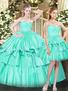 Ideal Organza Sweetheart Sleeveless Lace Up Ruching Quinceanera Gowns in Aqua Blue