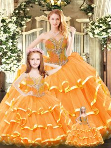 Shining Floor Length Lace Up 15 Quinceanera Dress Orange Red for Military Ball and Sweet 16 and Quinceanera with Beading and Ruffled Layers
