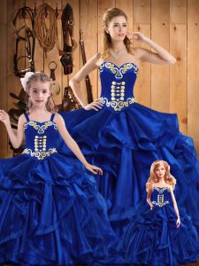 Spectacular Floor Length Royal Blue Quinceanera Gowns Organza Sleeveless Embroidery and Ruffles