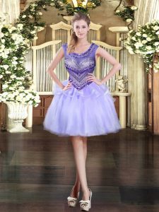 Edgy Lavender Ball Gowns Beading Evening Dress Zipper Organza Sleeveless Mini Length
