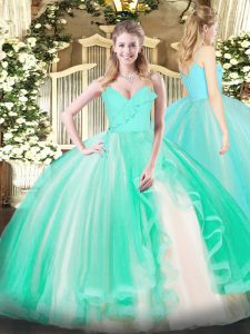 Clearance Turquoise Tulle Zipper 15 Quinceanera Dress Sleeveless Floor Length Ruffles