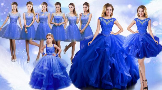 Clearance Blue Sleeveless Beading and Ruffles Floor Length Ball Gown Prom Dress