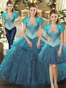 Fitting Teal Sleeveless Floor Length Beading and Ruffles Lace Up Quince Ball Gowns