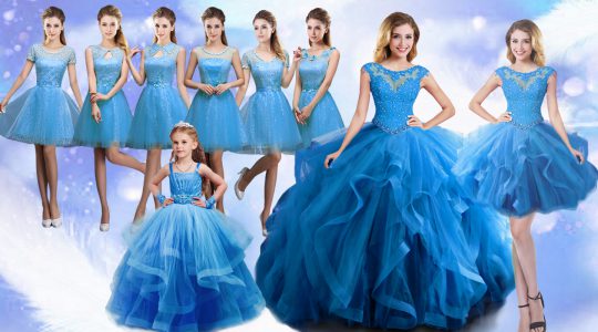 On Sale Baby Blue Sweet 16 Dress Military Ball and Sweet 16 and Quinceanera with Beading and Ruffles Scoop Sleeveless Lace Up