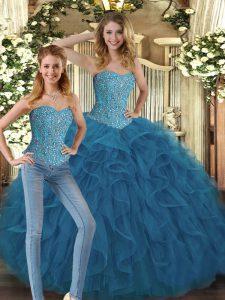 Shining Sleeveless Floor Length Beading and Ruffles Lace Up Quinceanera Dress with Teal