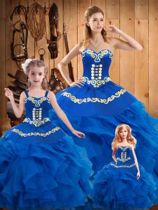 Dynamic Blue Ball Gowns Sweetheart Sleeveless Tulle Floor Length Lace Up Embroidery Ball Gown Prom Dress