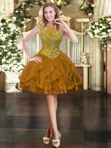 Custom Design Brown Prom and Party with Beading and Ruffles Scoop Cap Sleeves Zipper
