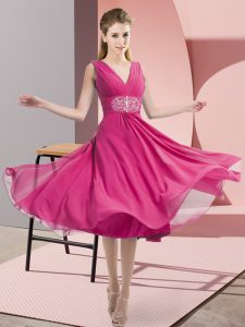 Hot Pink Chiffon Side Zipper Damas Dress Sleeveless Knee Length Beading