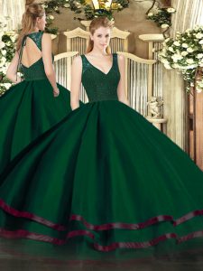 Glittering Sleeveless Floor Length Beading and Lace and Ruffled Layers Backless Quinceanera Dresses with Dark Green