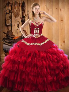 Wine Red Satin and Organza Lace Up Ball Gown Prom Dress Sleeveless Floor Length Embroidery and Ruffled Layers