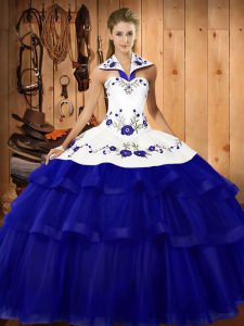Customized Halter Top Sleeveless Sweep Train Lace Up 15th Birthday Dress Royal Blue Organza