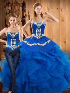 Glittering Blue Sleeveless Embroidery and Ruffles Floor Length Quince Ball Gowns