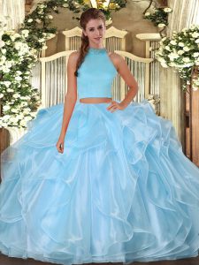 Light Blue Organza Backless Halter Top Sleeveless Floor Length Sweet 16 Dresses Beading and Ruffles