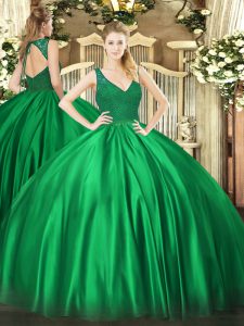 Chic Sleeveless Satin Floor Length Backless Sweet 16 Dress in Dark Green with Beading and Lace