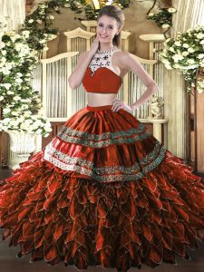 Glamorous Beading and Ruffles Quinceanera Gowns Rust Red Backless Sleeveless Floor Length