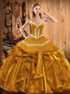 Gold Ball Gowns Organza Sweetheart Sleeveless Embroidery and Ruffles Floor Length Lace Up Quince Ball Gowns
