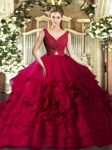 Adorable Coral Red Ball Gowns Beading and Ruching Vestidos de Quinceanera Backless Organza Sleeveless Floor Length