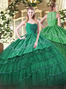 Custom Design Dark Green Organza and Taffeta Zipper Straps Sleeveless Floor Length Quinceanera Dress Embroidery and Ruffled Layers