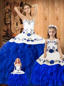 Blue And White Lace Up Sweetheart Embroidery and Ruffles Quinceanera Dresses Satin and Organza Sleeveless